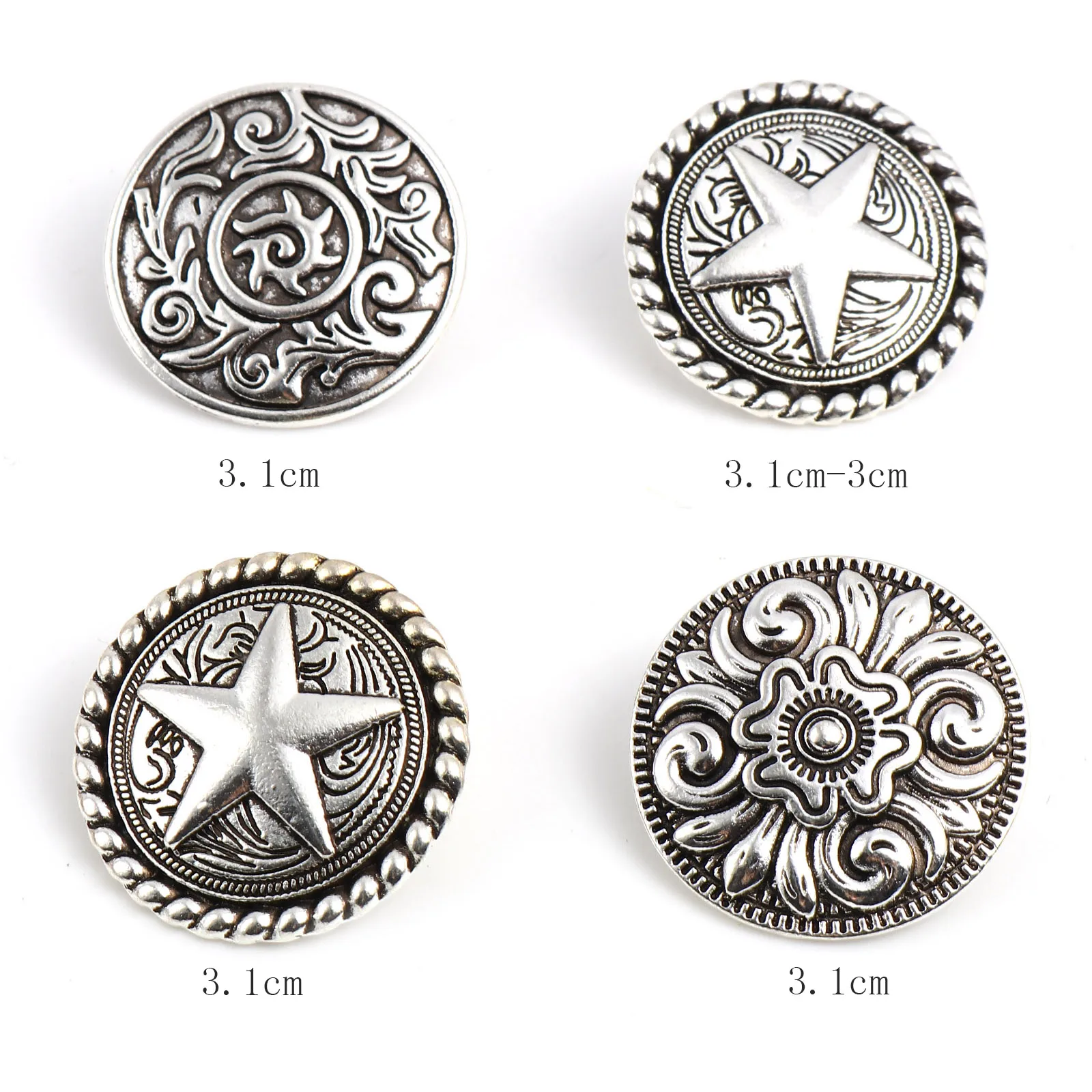 3pcs/lot Retro Round Metal Carved Shank Buttons Vintage Antique Silver Coat Jeans Button Star Flower Leaf Pattern Clothing DIY