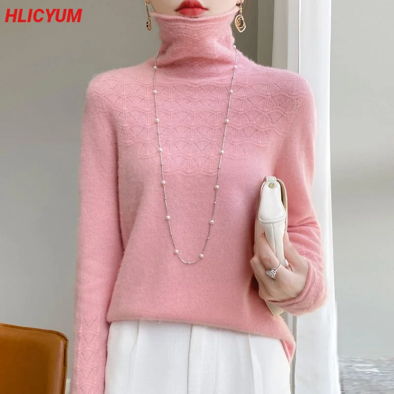 

Women's Sweater Casual Solid Color Knitted Cashmere Sweater Turtleneck 100% Wool Blouse Basic Versatile Hollow Pullover Pink