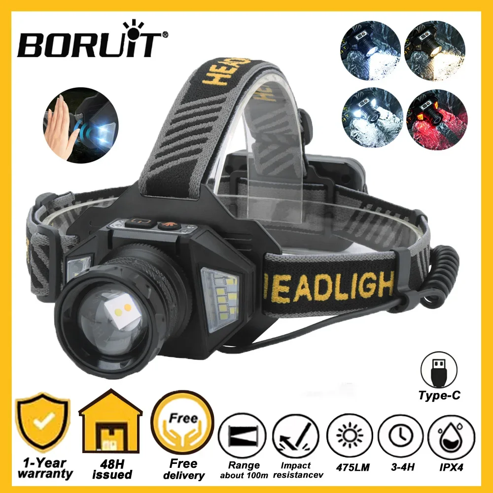 BORUIT светодиодный перезаряжаемый налобный фонарь с красным светом, масштабируемый датчик движения, фара, внешний аккумулятор, водонепроницаемый фонарь для рыбалки и кемпинга BORUIT светодиодный перезаряжаемый налобный фонарь с красным светом, масштабируемый датчик движения, фара, внешний аккумулятор, водонепроницаемый фонарь для рыбалки и кемпинга