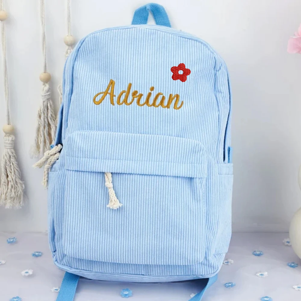 Zaino in velluto a coste di grande capacità con nome personalizzato fiore borsa per Snack da viaggio per bambini borse a tracolla regalo con nome ricamato personalizzato