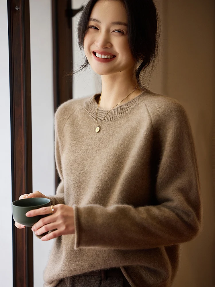TLOML Nowy Damski Sweter z Długim Rękawem Jesienno-Zimowy 100% Wełna Merino Dekolt Okrągły Kaszmirowy Sweter Dzianinowy Miękki Podstawowy Top Damski