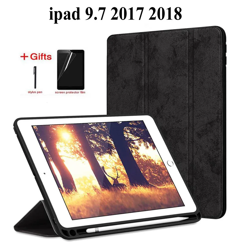 Case for iPad 9.7 2018 2017 Cover A1893 A1954 Pencil HolderTablet Soft Silicone Back Trifold Stand With Auto Sleep/Wake +FilmPen