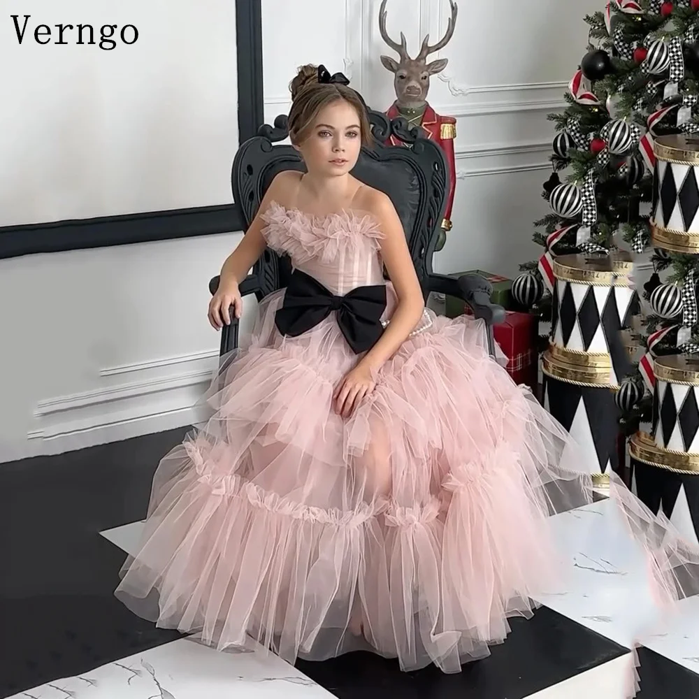 

Verngo Pink Tulle Princess A Line Girl Flower Dress Strpaless Tiered Bow Birthday Party Dress Toddler Baby Tutu Dress Customized