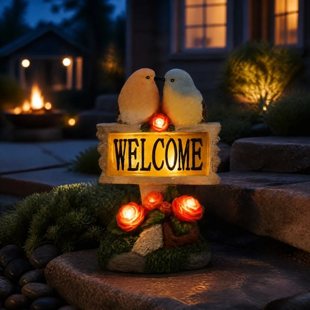 Solar Powered Garden Welcome Sign Warm Light Durable Resin Solar Resin Craft Creative Design No Wiring Needed Garden Ornament