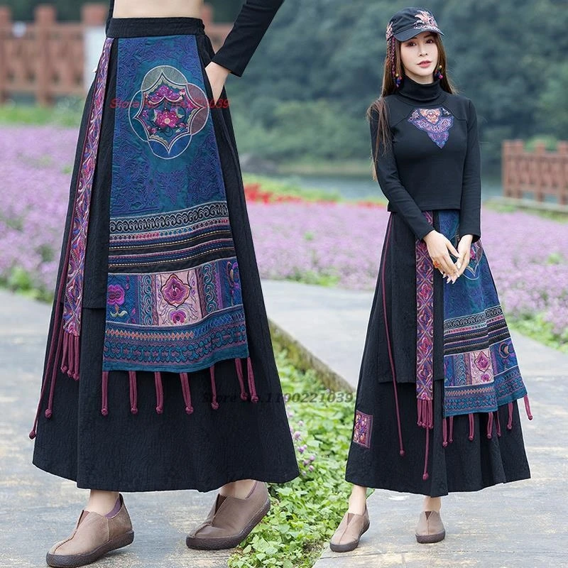 2025 traditional chinese vintage skirt national flower embroidery cotton linen tassels skirt ethnic elastic waist a-line skirt