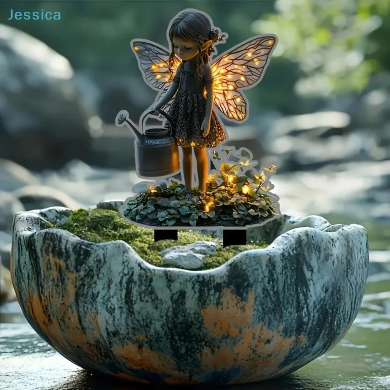 〔S〕1Pc Elf Girl Watering Theme Garden Decoration Pile Outdoor Decoration Courtyard Decoration Festival Party Decoration Gift