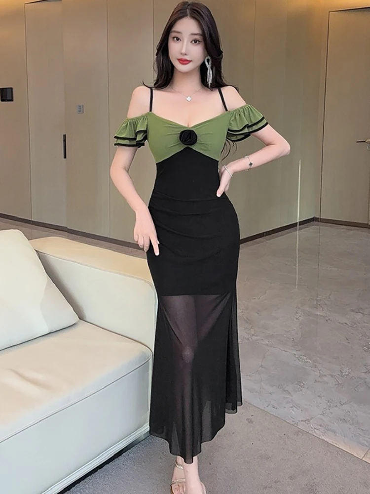 

Весеннее черное платье с зелеными сетчатыми вставками, шикарное, с рюшами, на бретельках, женское, элегантное, облегающее, прозрачное, сексуальное, 2026, корейский винтаж, Vestidos