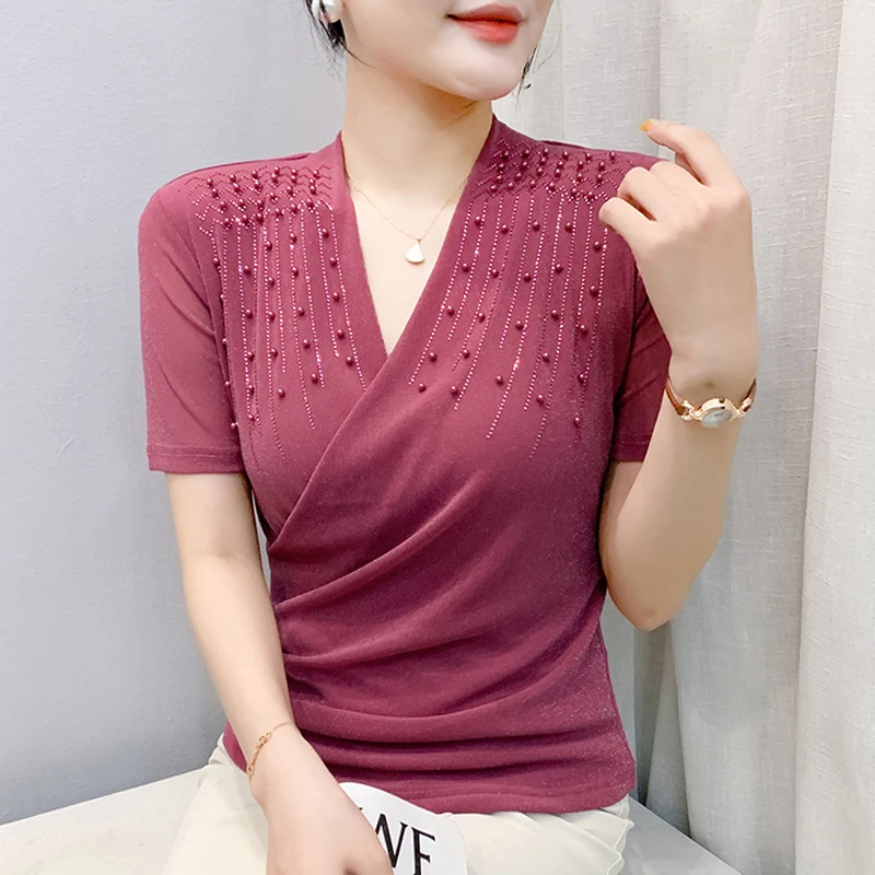

Summer V-neck Rhinestone T Shirt Bright Silk Mesh Tops Short Sleeved Casual Tops Slim Beaded Women Shirt