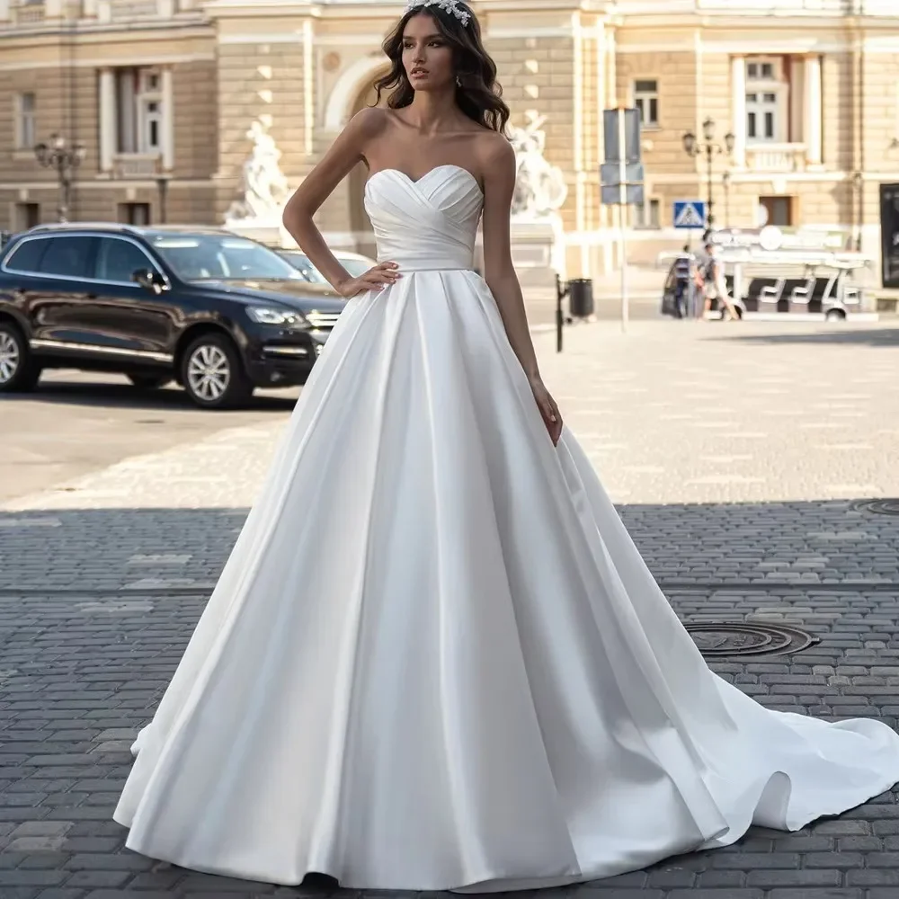 Strapless Sweetheart Neck Satin A-Line Wedding Dress with Train Bridal Gown For Wedding Engagement Elopement Photoshoot