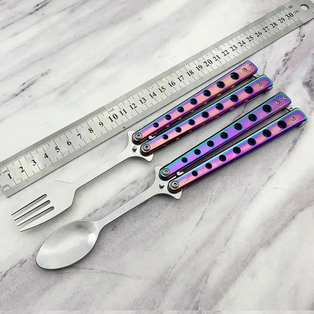 New Stainless Steel Butterfly Folding Spoon Fork Outdoor Practice Training Balisong Training Tool Tableware Camping