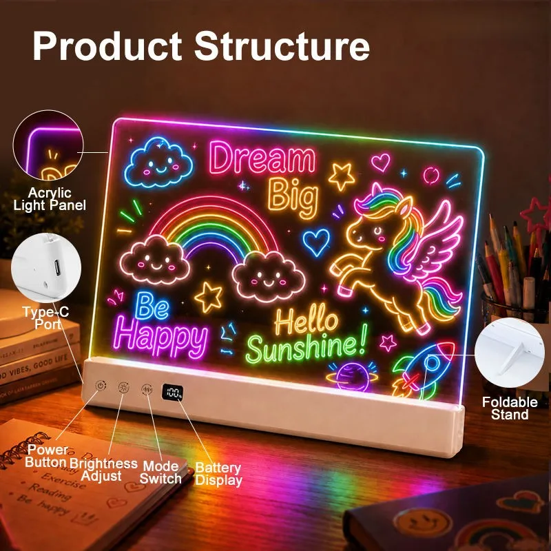 Rechargeable 16'' LED Drawing Board for Kids with Sound Sync Modes, Timer, Dry Erase Light Up Drawing Pad