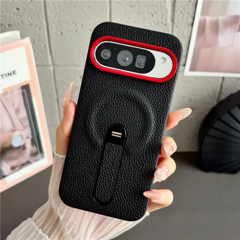 Premium Lychee Texture PU Leather Case For Google Pixel 11 10 9 Pro XL With Holder Magnetic Wireless Charging Shockproof Cover
