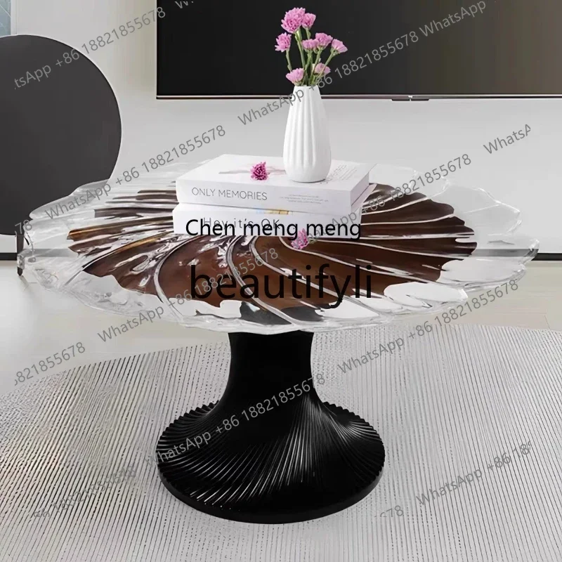 X FH  Transparent Resin Crystal Water Ripple Round Table Glass Steel Base Petal Round Table Model Room