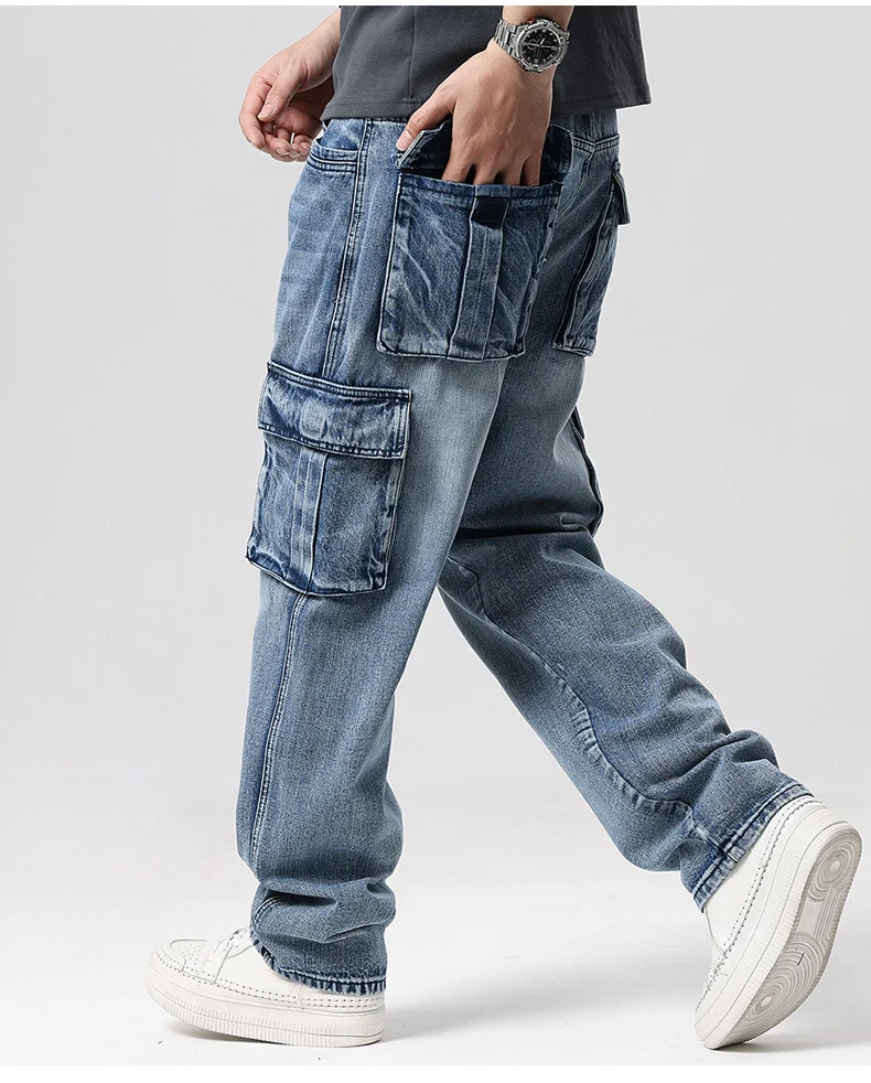 

Джинсы-карго мужские с широкими штанинами, свободные брюки из денима, прямые мешковатые штаны с карманами, Повседневная Уличная одежда в стиле хип-хоп, синие, большие размеры 46