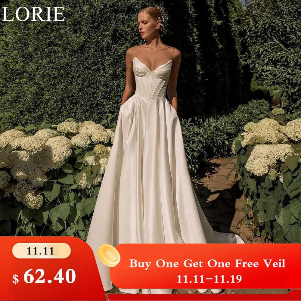 

LORIE Elegant Satin Wedding Dresses A-Line Strapless Lace-up V-Neck Pleated Chic Bride Prom Gown Simple Bridal Gowns Customized