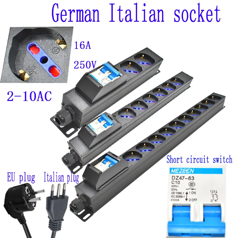 Aluminum alloy PDU power board 2-10 units 16A 3500W short circuit switch German Italian socket 2m power cord