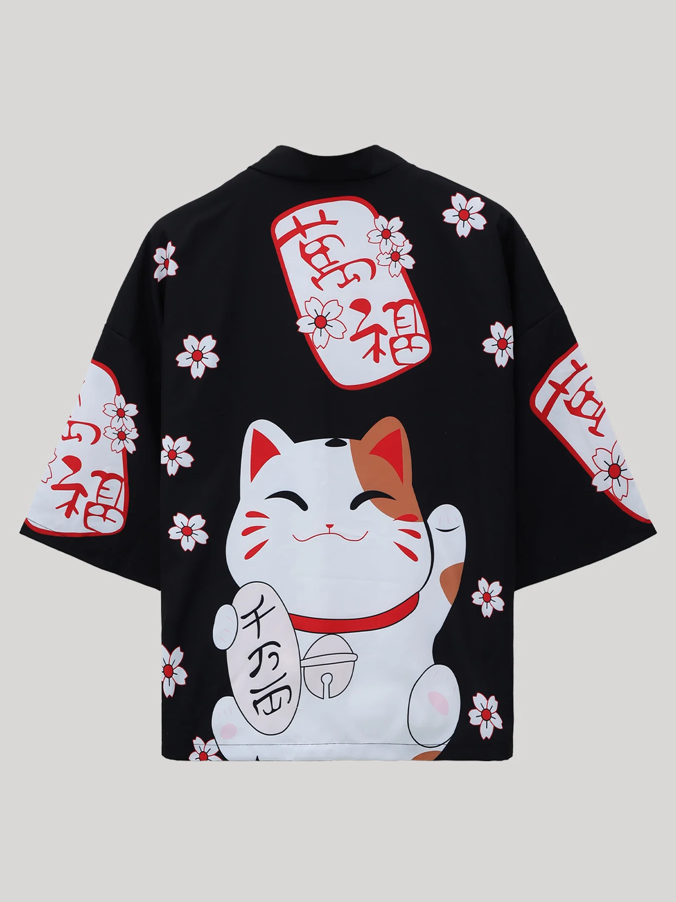 Men's Japanese Lucky Cat Print Kimono Spring Fall Loose Seven-Quarter Sleeve Cardigan