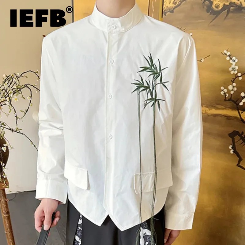 IEFB Men Shirts Stylish Autumn New Embroidery Design Long Sleeve 2024 Stand Collar Male Tops Chinese Style Tide 2024 9C5050