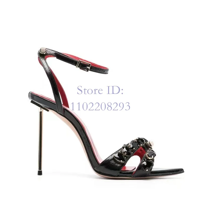 Retro Crystal White Thin High Heels Sandals Round Toe Solid Back Buckle Strap Stiletto Sandals Women Fashion Shows Shoes 2024