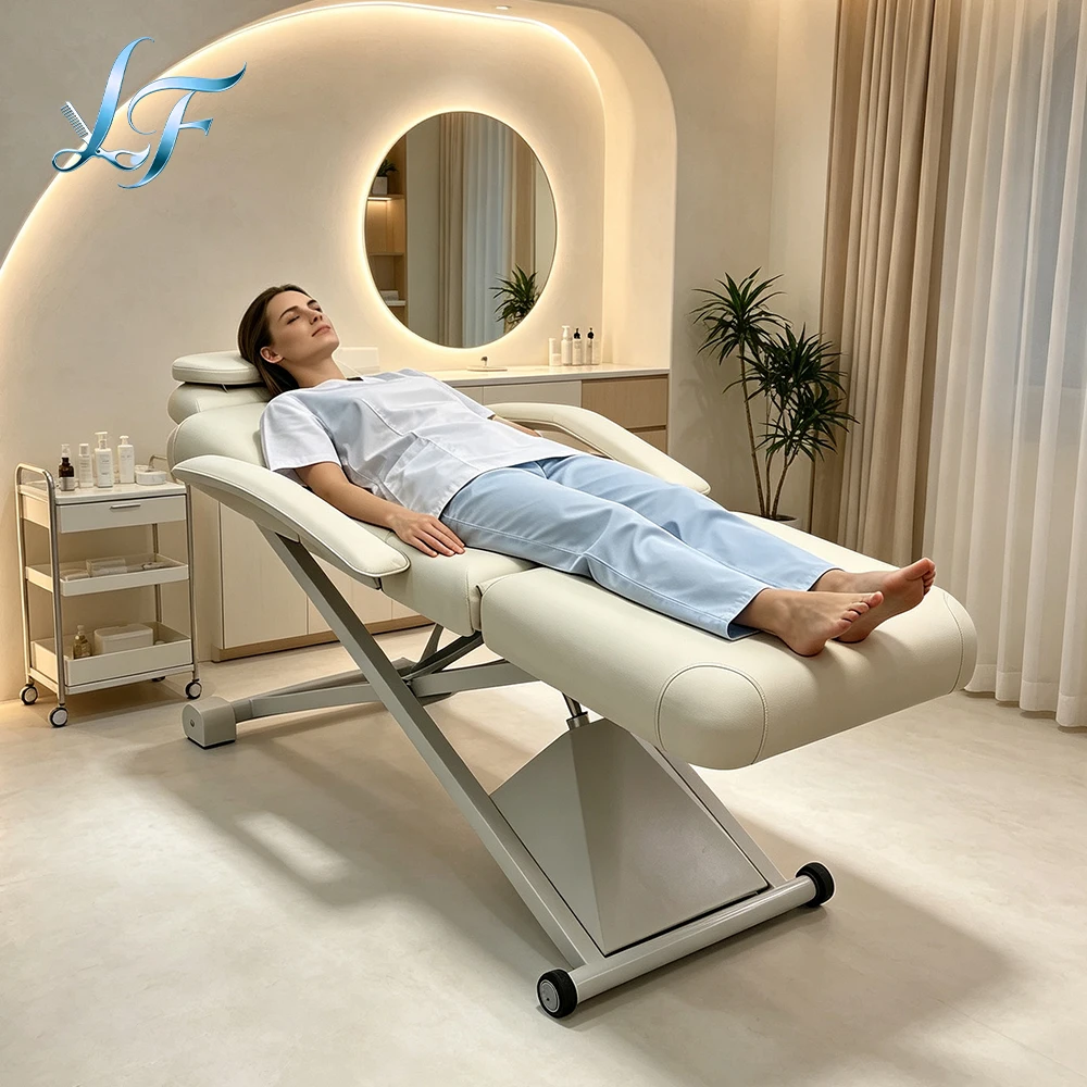 Height Adjustable Scissor Lift Beauty Couch Reclining Back Leg Support Detachable Head Pillow For Salon