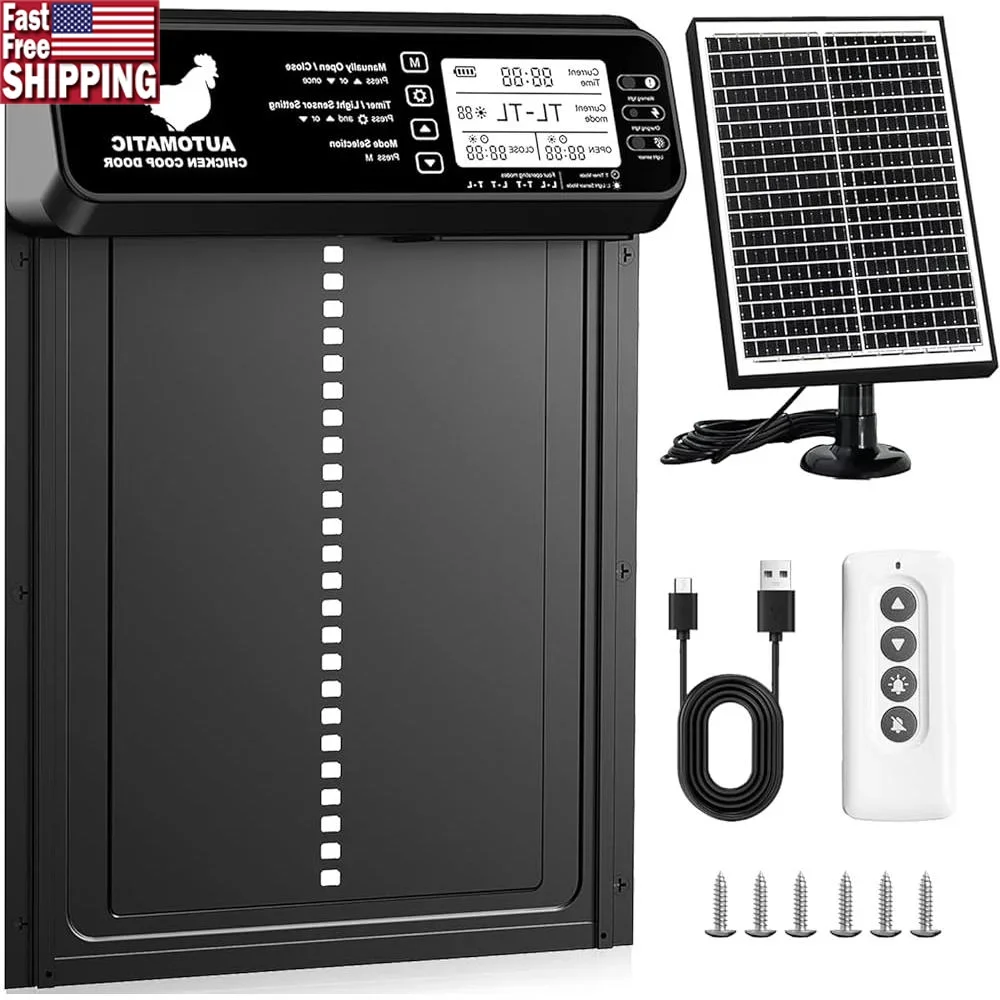 

Автоматическая дверь курятника на солнечной энергии с таймером, датчиком освещенности, система защиты от защемления, дистанционное управление, экологически чистый алюминиевый сплав