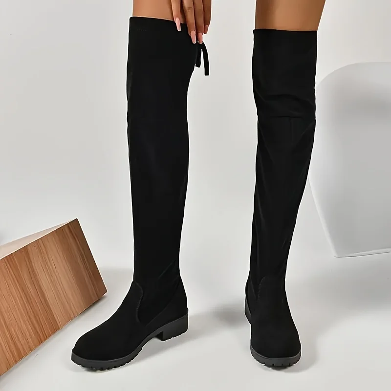 Faux Suede Female Heels Autumn Zipper Elastic Knee-high Boots for Women Tube Lace-up Thigh High Boots Black Botas Mujer