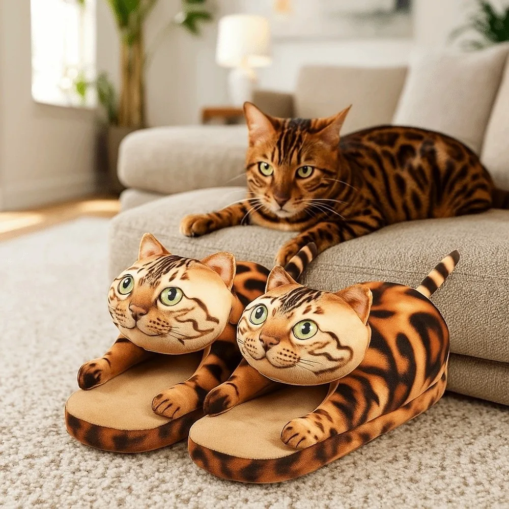 

Leopard Cat EVA Cat Hugging Slippers Thick Sole Soft Kitty Slippers Non-Slip Cozy Winter Fluffy Slides Men