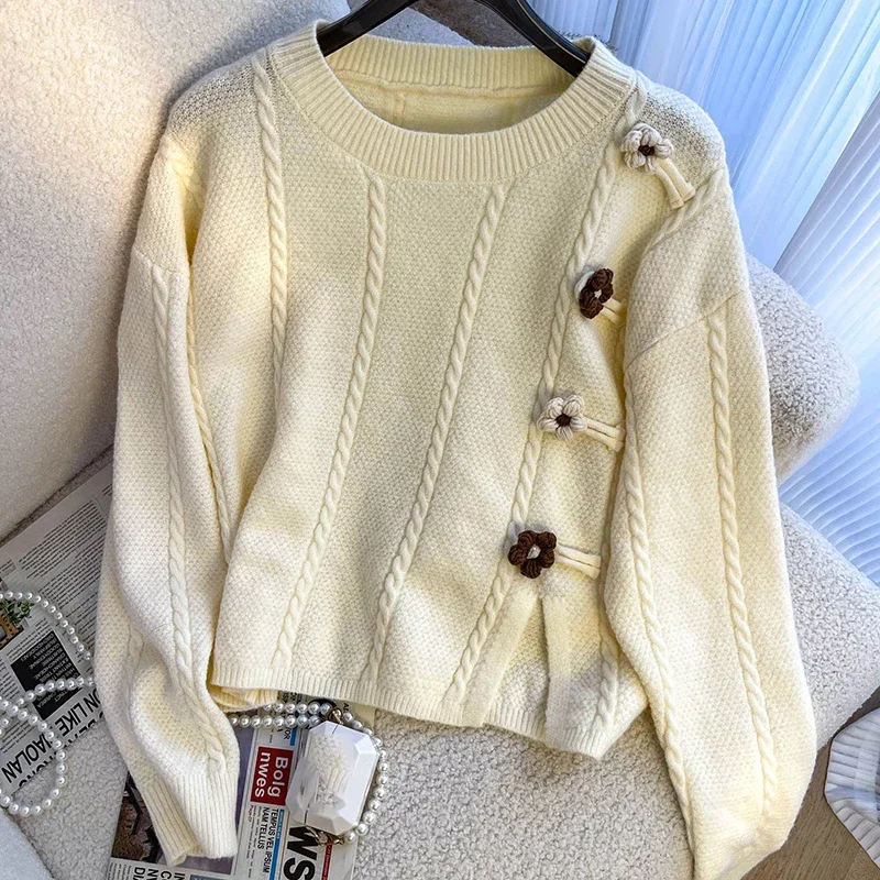 

Solid color three-dimensional decorative flower sweater women's sweater autumn and winter new pullover sweet dollar collar top