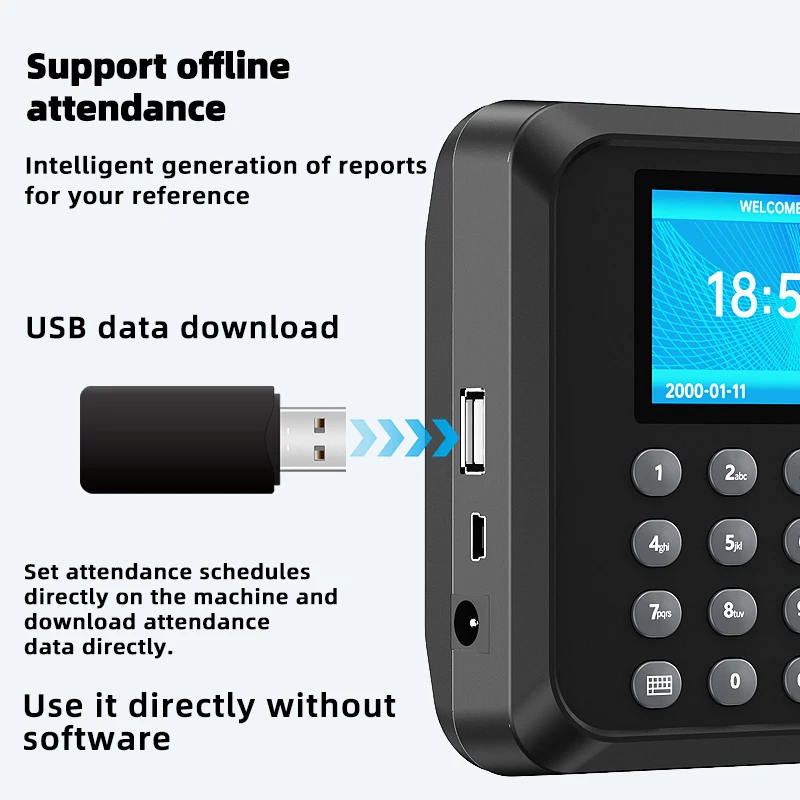 جهاز حضور وانصراف ببصمة الإصبع مقاس 2.4 بوصة يدعم 15 لغة 100000 ساعة في السجلات ووقت حضور الموظف وإدارة بيانات USB