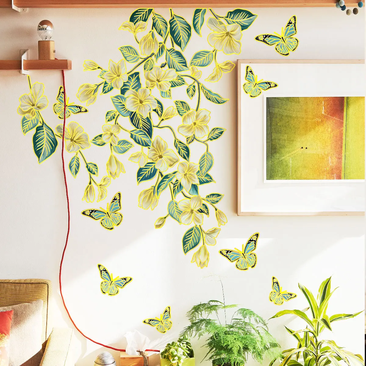 

Hand-Pressed Golden Floral Wall Decals - Whimsical Butterfly & Vine Stickers for Bedroom & Living Room