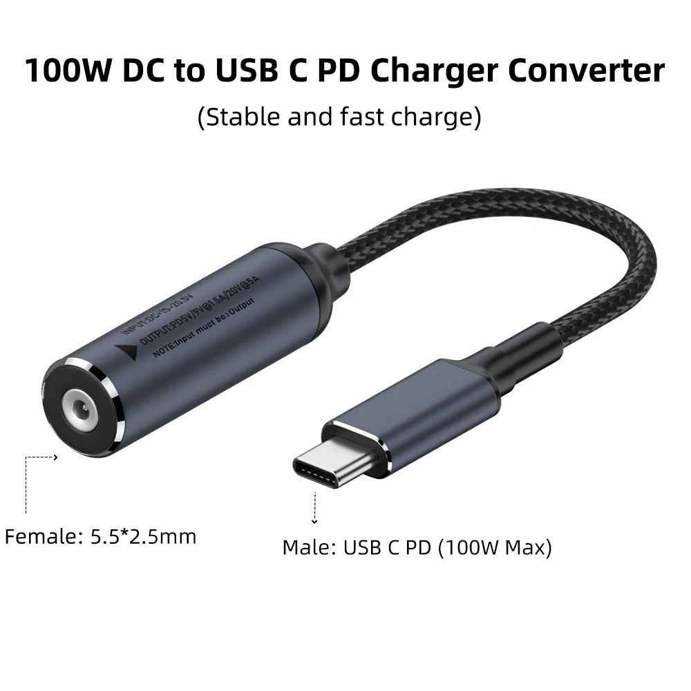 100W DC 5.5X2.5mm 19V to USB C PD Power Adapter Converter for Asus Laptop Charger to 5V 9V 20V Type C Fast Charging Cable Cord