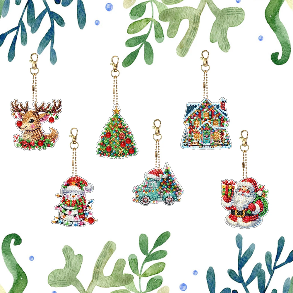 

6PCS 2D Flat Christmas DIY Diamond Painting Keychain Diamond Art Kits Keyrings