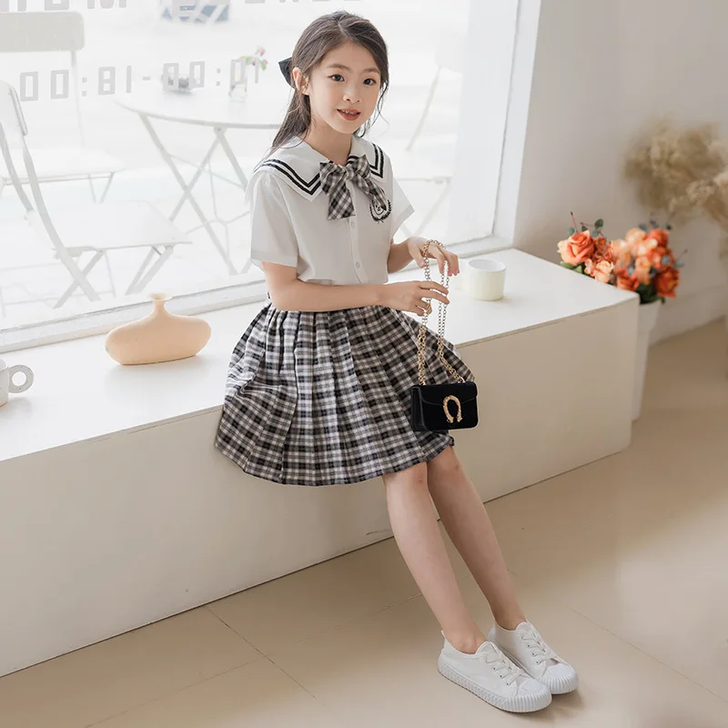 Korean Summer Children Girl 2PCS Clothes Set School Girl Bowknot Navy Collar T-shirt+Plaid Pleated Skirt Kids Academy Style Suit