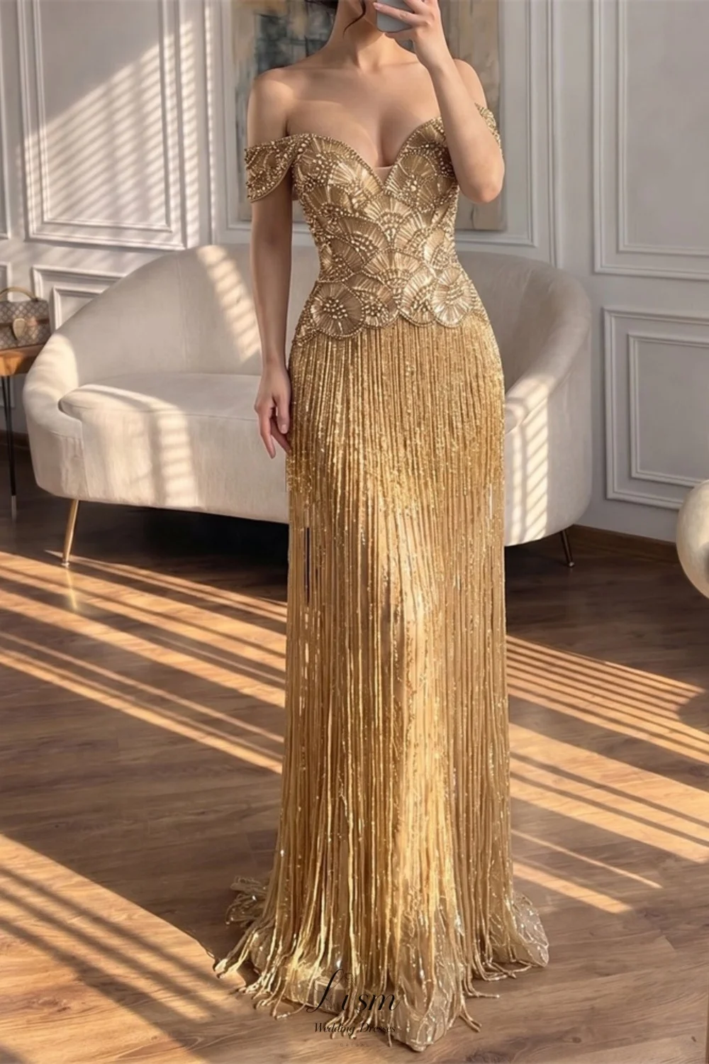 Luv Luxury Gold Off Shoulder Sweetheart Beaded Fringe Evening Dresses Straight Party Gowns Prom Dress Floor-Length Customized