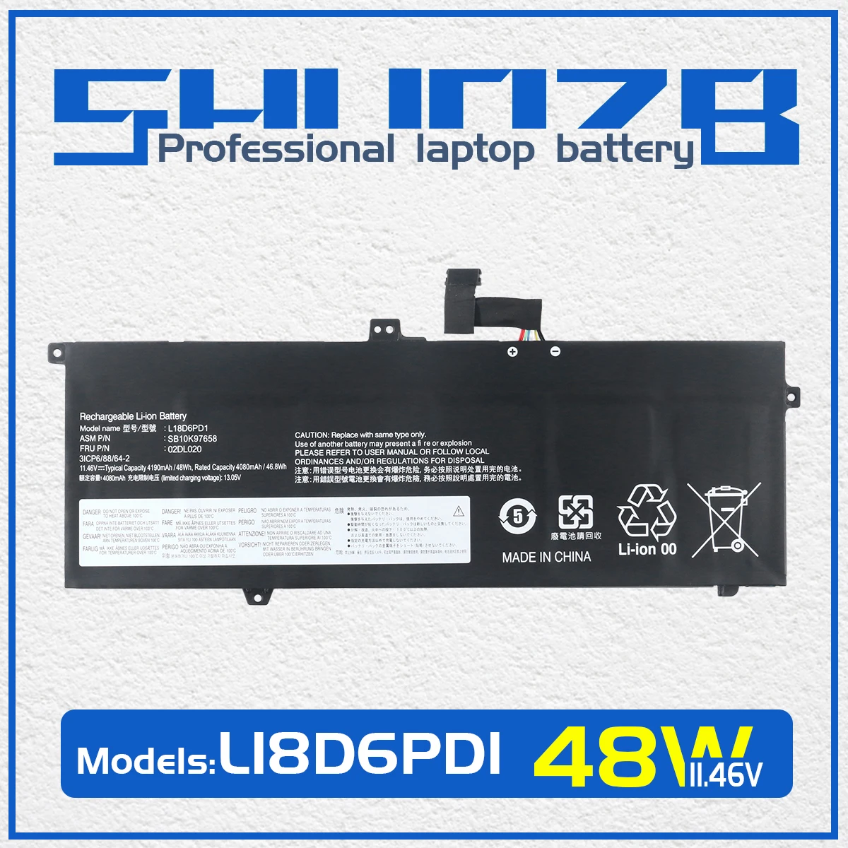 

SHUOZB L18M6PD1 Аккумулятор для ноутбука Lenovo ThinkPad X13 Yoga X390 X395 L18M6PD2 L18D6PD1 L18L6PD1 L18C6PD1 02DL017 02DL019 11,46 В