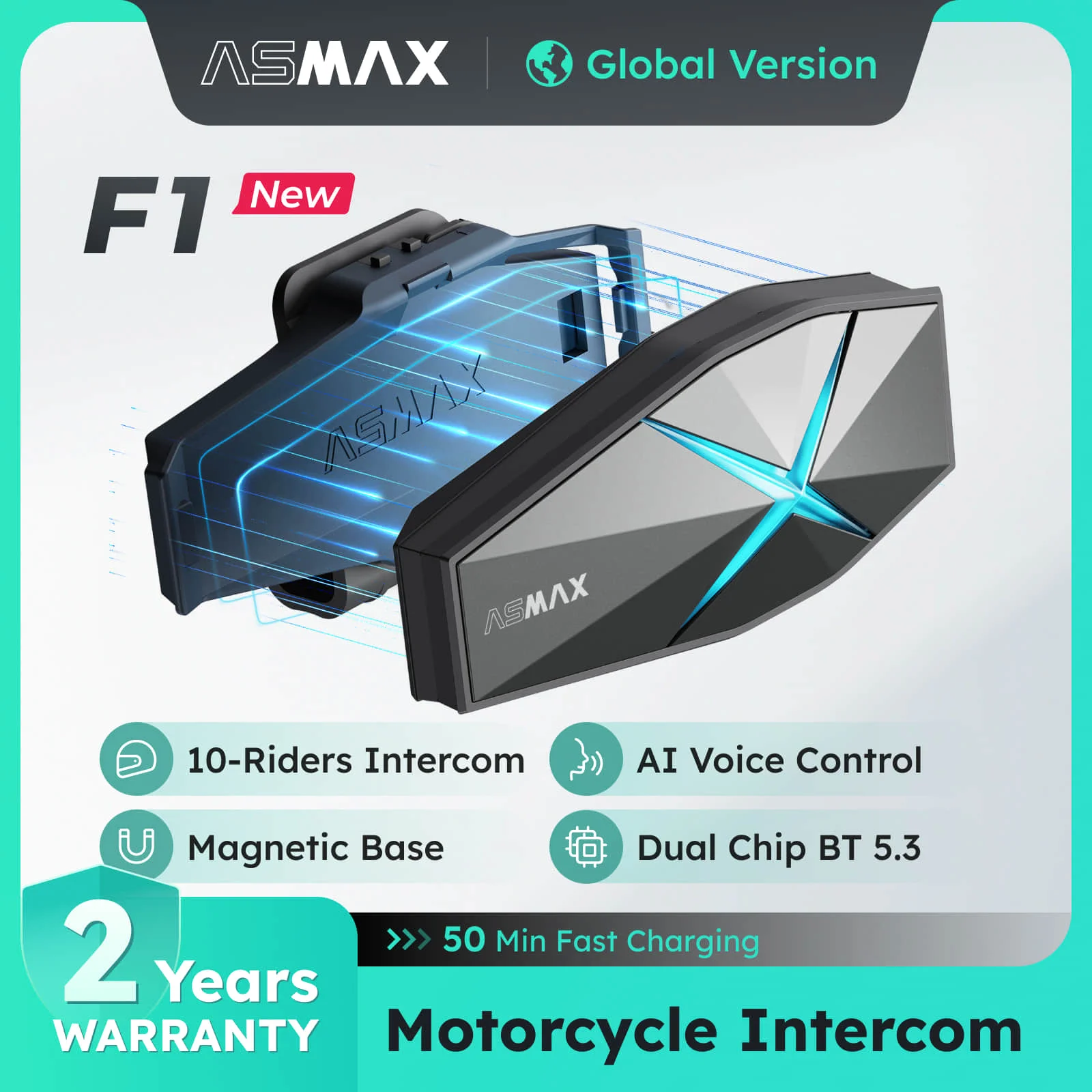 ASMAX F1 오토바이 인터콤 음성 제어 인터콤 최대 10명 동시 통화 블루투스 5.3 통신 거리 1800m 자동 통신 복구 타사 인터콤과 연결 가능 블루투스 인터콤 오토바이 인터콤 오토바이 통신 장치 IP67 방수 ENC 소음 제거 1 개 세트 