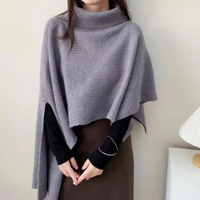 Winter New Irregular Vintage Turtleneck Knitted Cape Pullover Women Casual Knitwear Solid Basic Elegant Top Cloak Sweater