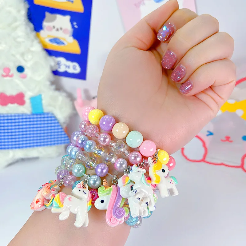 1 Uds. Pulsera única de moda con cuentas de cristal y perlas de imitación, pulseras de cristal de amistad para niñas, joyería de mano de unicornio de dibujos animados