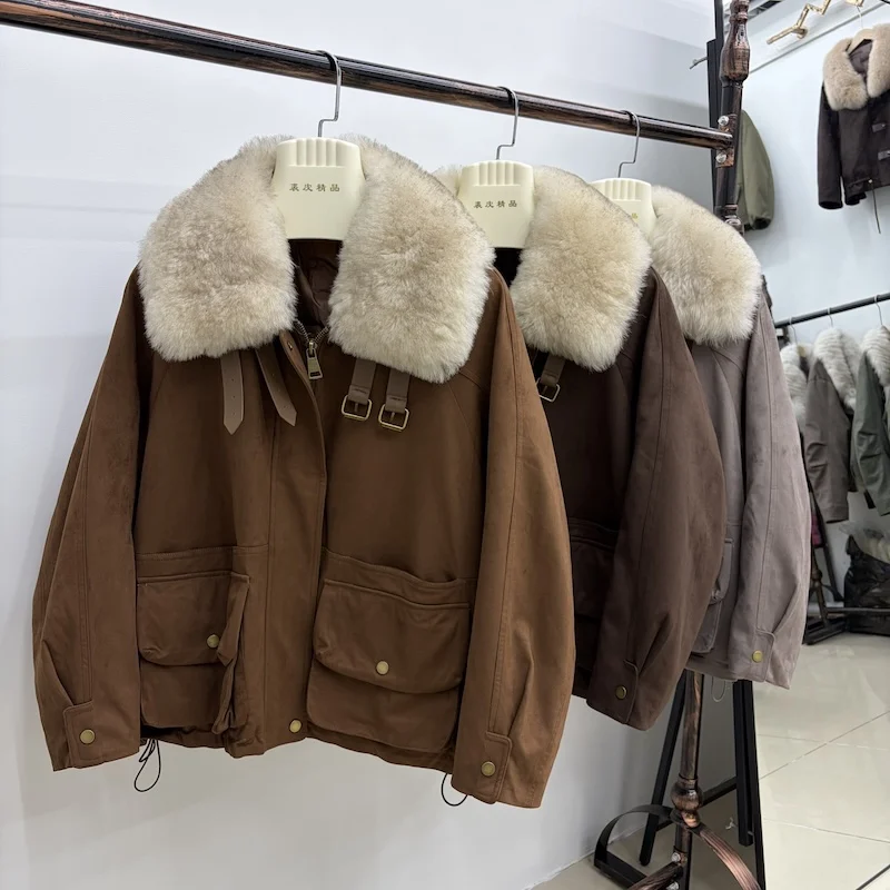 Women Oversized Loose Parka Real Shearling Fur Collar Goose Down Liner Winter Coat Big Pockets Drawstring Hem Warm Outerwear - view 4