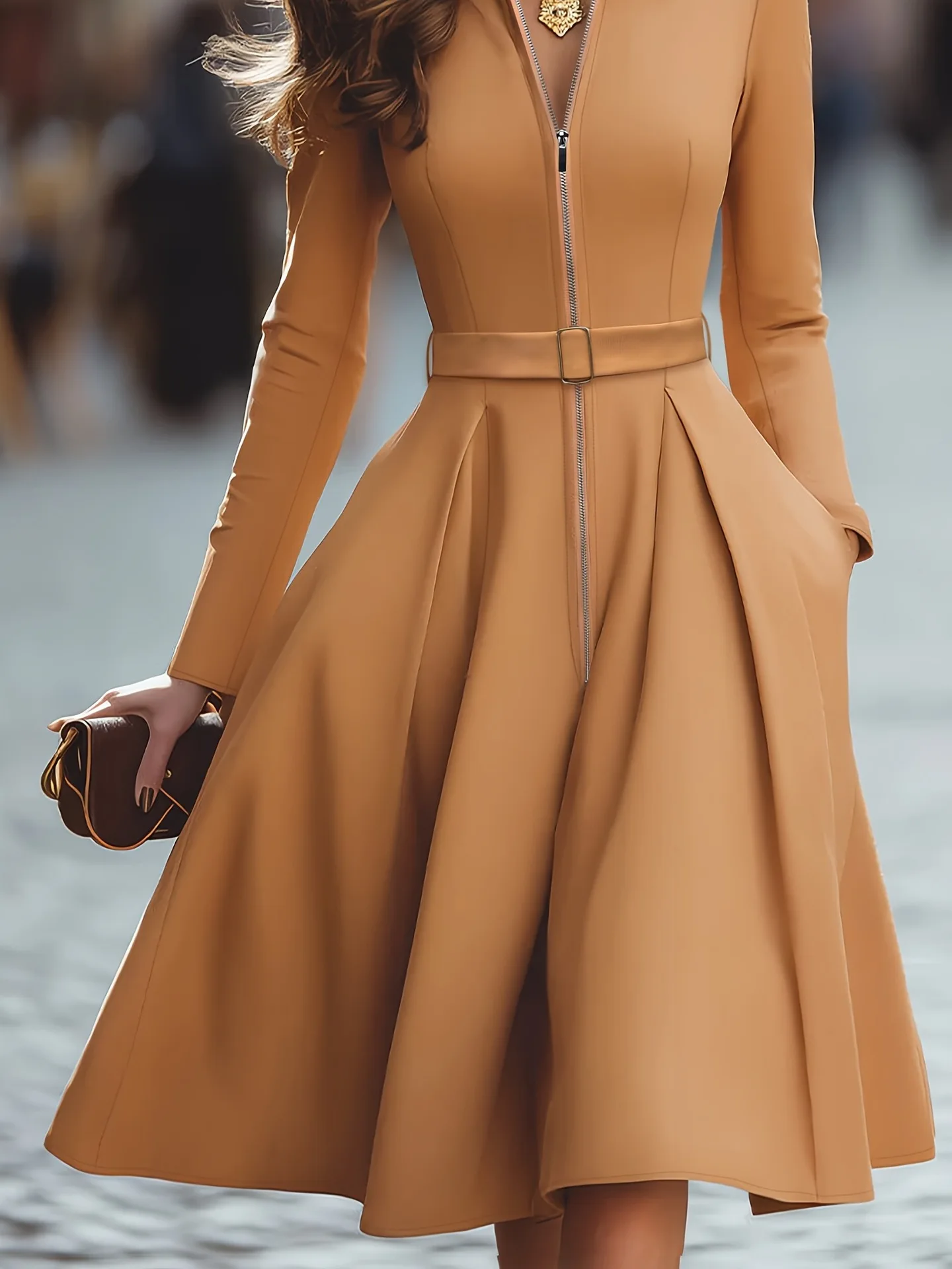 

Women Dress 2026 Spring Autumn Turn-Down Collar Half Zipper Design Long Sleeved Cinched Waist Elegant A-Line Long Dress