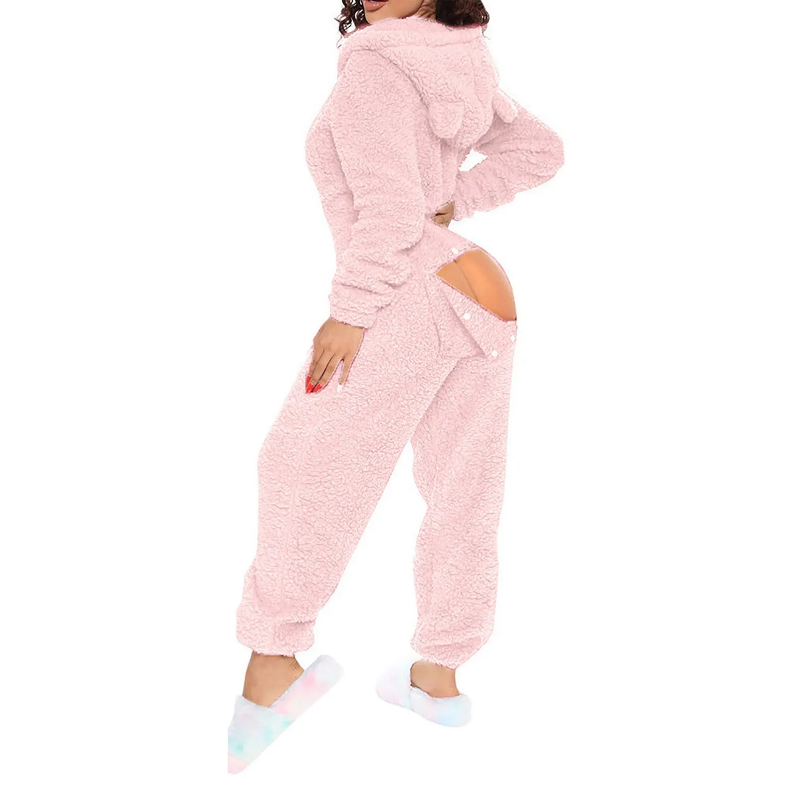 Pijama de manga larga de lana Artificial para mujer, ropa de dormir informal de Color sólido con cremallera, mono holgado con capucha, Rompe cálido de invierno