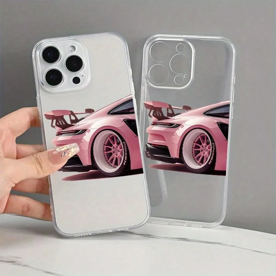 Pink Car Pattern Transparent Phone Case For iPhone 17 16 11 13 12 14 15 Pro Max XS X XR 7 8 Plus 16E 17Air Shockproof Soft Cover