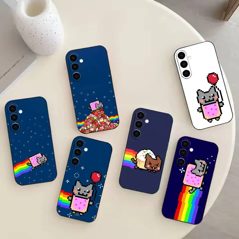 حافظة هاتف لطيفة N-Nyan C-Cat لهاتف سامسونج جالاكسي A20,21s,22,31,32,52,53,72,73,80,91 غلاف أسود ناعم