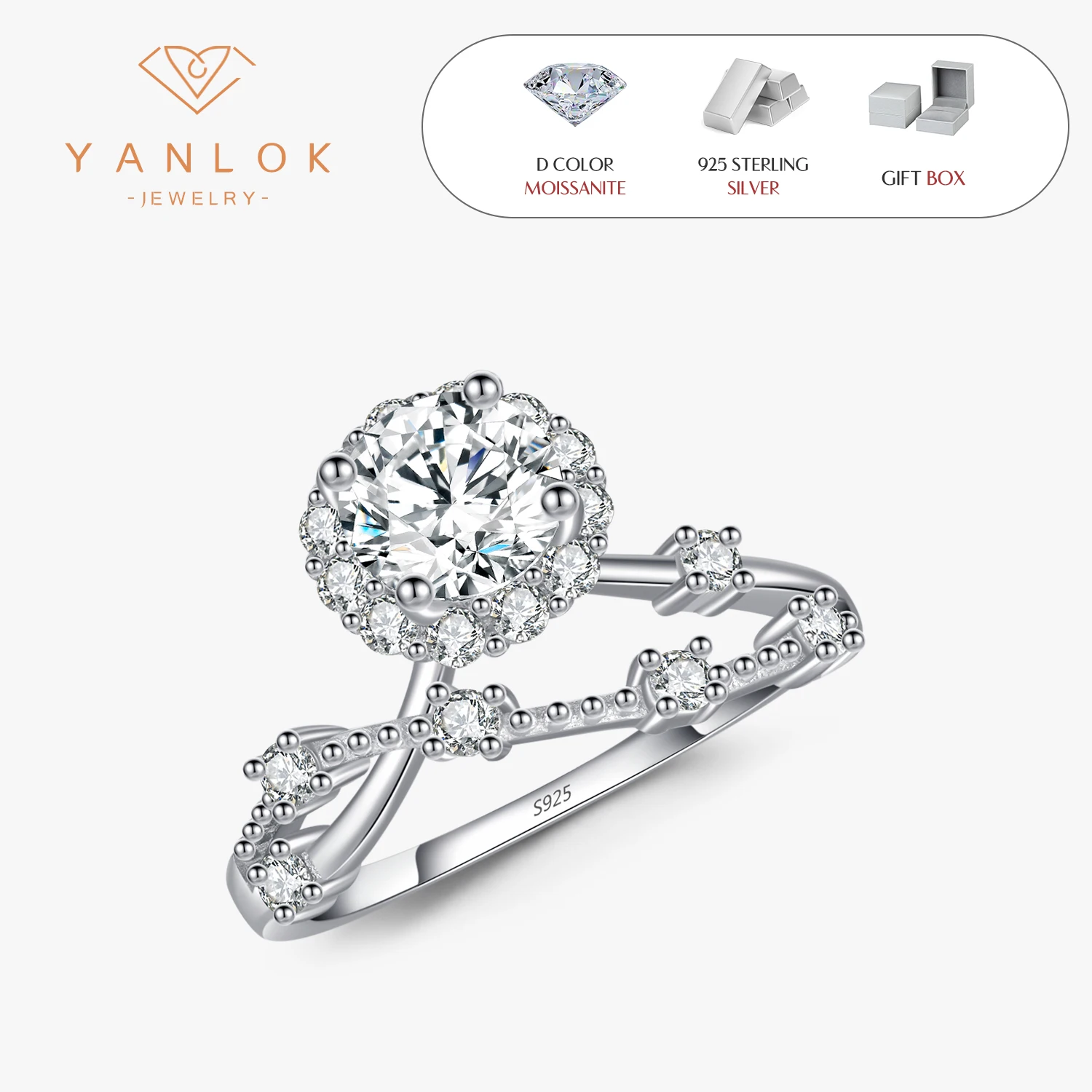 YANLOK 925 Sterling Silver Fashion Luxury Branches Lines Moissanite Crown Rings For Women Wedding Engagement Statement Jewelry