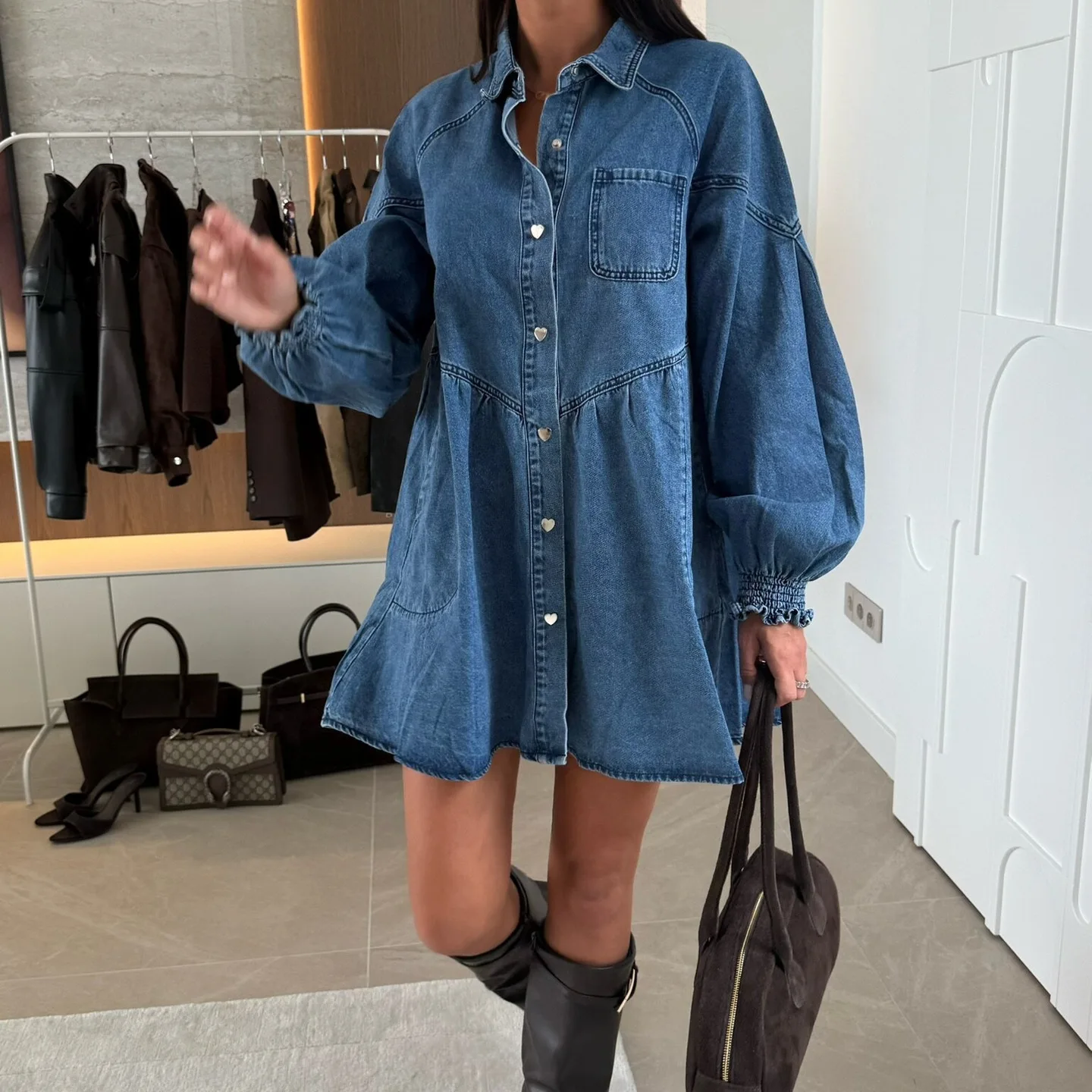 2025 Abito da donna in denim a maniche lunghe con bottoni casual moda 89233 Boho Wedding 2025 Abito estivo Robe Vestido Women Party