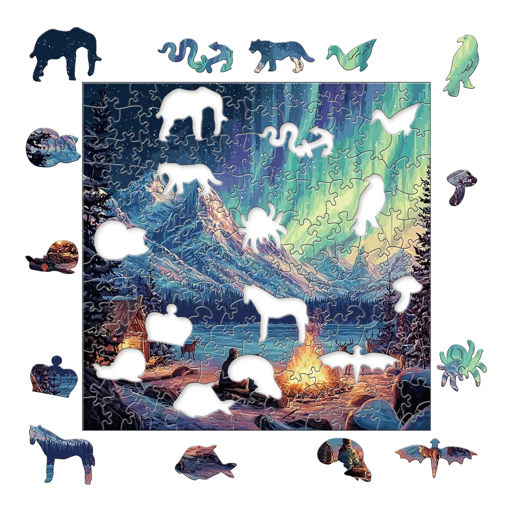 Aurora Snow Scene Wooden Jigsaw Puzzle, Party Leisure and Stress Relief Game