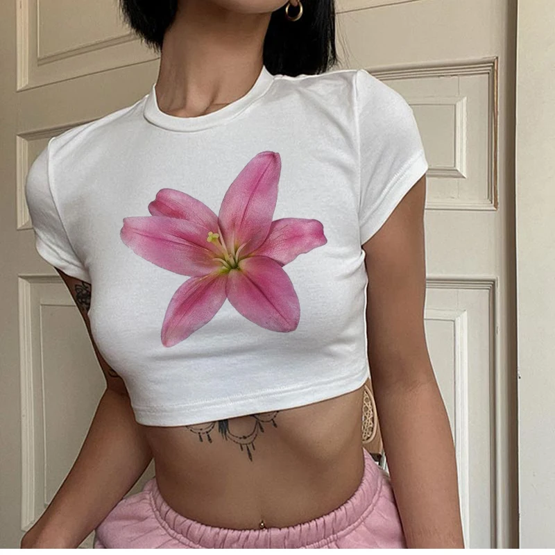 2024Summer Slim Clothing Lady Graphic Tee Top Fashion Women Flower Clothes Basic Print Crop Tee Aesthetic Clothes