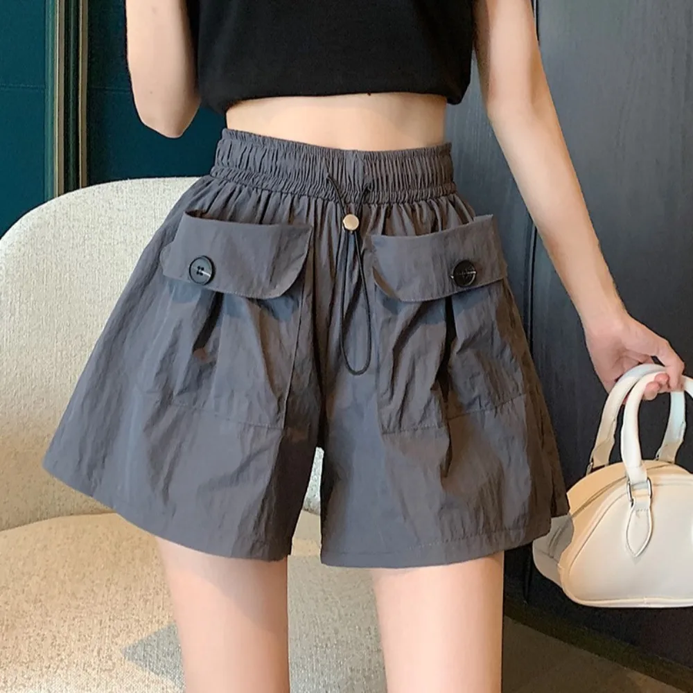 

Simple Loose High Waist Shorts Lace Up Large Pocket Causal Shorts Women Streetwear Drawstring Wide Half Leg Pants Female