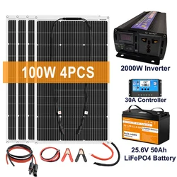 2000W Solar Panel Power Generator System For Home Kit 220V Inverter 30A Controller Battery USB Charger 12v 100Ah Lifepo4 Battery