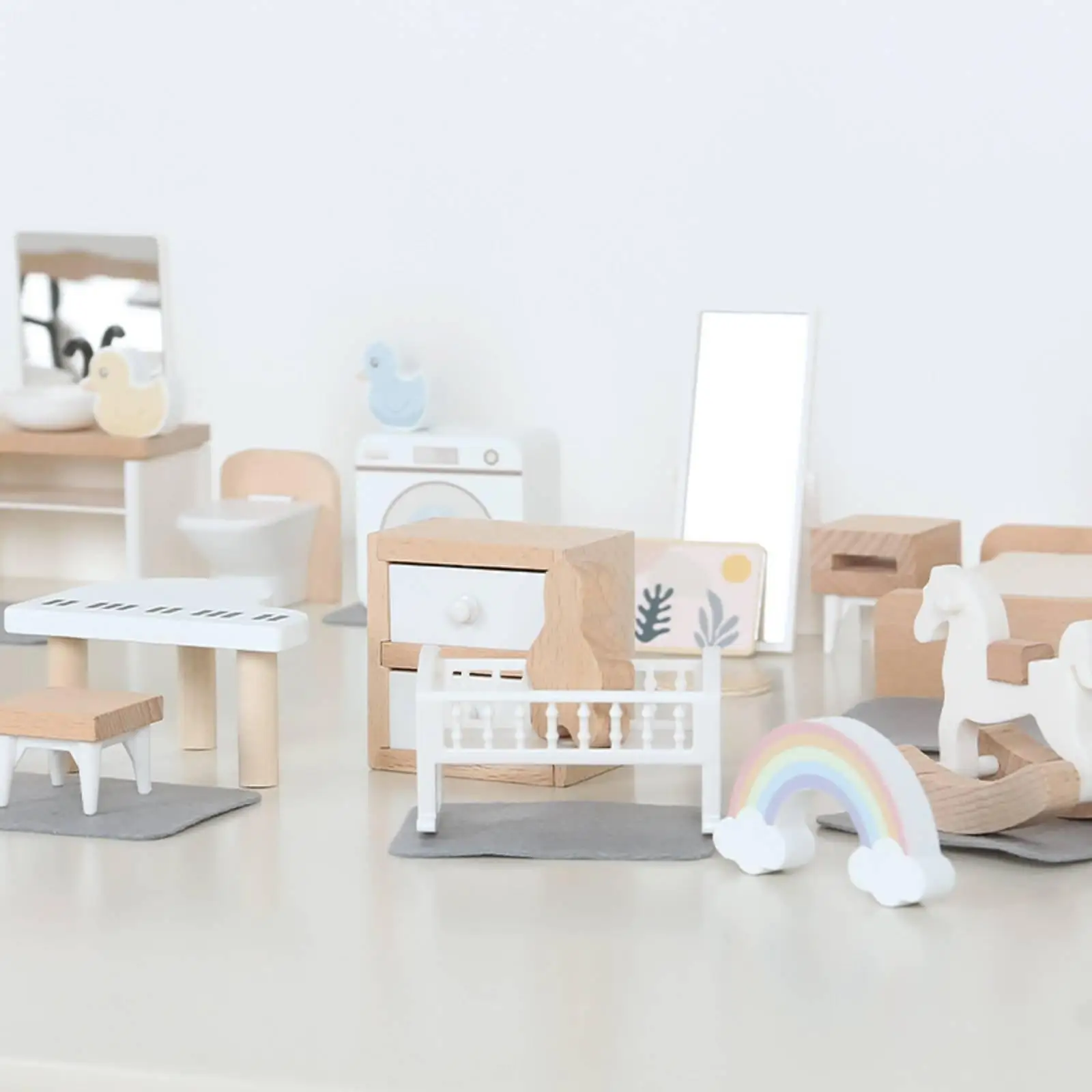 木製ドールハウス用ミニチュアキッチン家具、スライド、ブランコ、シーソー、プール付きの子供用屋外ドールハウスプレイセット